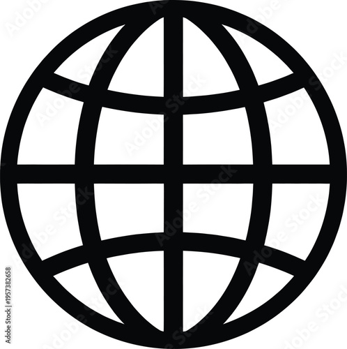 A stark black line illustration of a globe represents global connection, international travel, worldwide information, and the planet Earth.