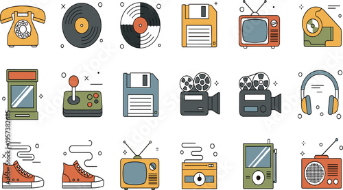 Vintage Technology Icons Collection with Retro Devices, Telephones, Radios, Cameras, and Audio Equipment for Nostalgic Media and Creative Design Projects.