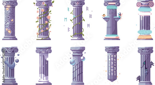 Ancient Greek Column Collection Set with Decorative Classical Pillars Ruins Architecture Elements Vintage Cartoon Vector Illustrations for History Design and Educational Use