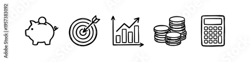 Hand-drawn finance and business icon set featuring a piggy bank, target, growth chart, coin stacks, and calculator in a minimalist black doodle style on a white background.