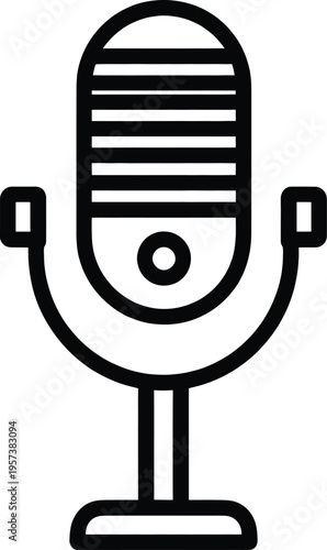 A vintage-style microphone icon presented in a clean line drawing suggests audio recording, broadcasting, music, and podcasting creation.