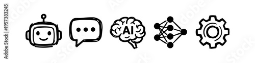 Set of five hand-drawn artificial intelligence icons: robot head, chat bubble, AI brain, neural network, and gear. Sketchy doodle style for tech, machine learning, and automation concepts.