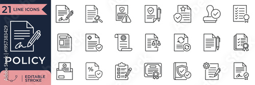 Policy line icons for document, agreement, compliance, and legal review UI.