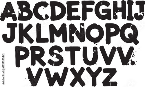 Grunge alphabet with capital letters. Dirty textured vector font. Typographic distressed font with dry brush strokes. Hand drawn characters with a rough inked texture.