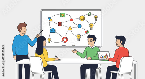 Diverse team brainstorming meeting in colorful flat design for business presentation