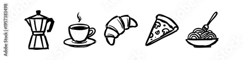 Hand-drawn black and white icons of Italian food and drink: moka pot, espresso, croissant, pizza, and pasta. Simple sketch style set for cafe or restaurant menu design.