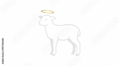A simple, stylized white lamb with a golden halo floating above its head, symbolizing purity, innocence, and divine connection on a clean background.