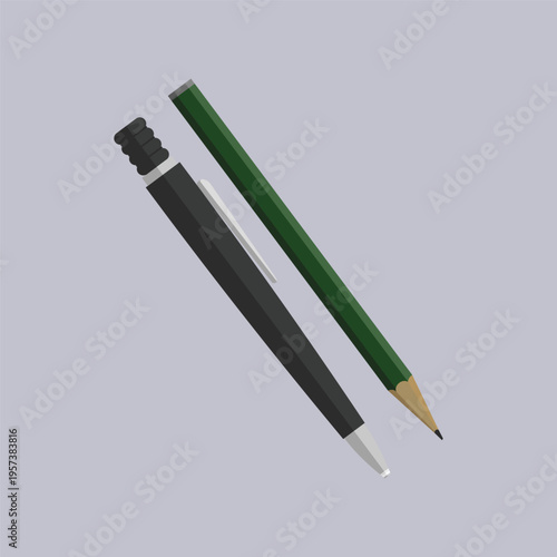 A vector illustration set of black ink fountain pens and graphite pencils isolated on paper for business, school, and office writing tool design