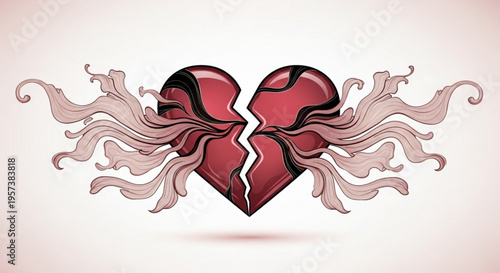 Broken heart with flowing pink smoke on white background symbolizing sadness and emotional pain