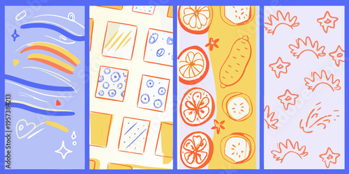 Abstract vertical panels featuring colorful doodles of fruit and waves