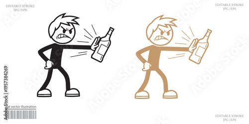 Angry frustrated stickman character holding beer bottle yelling mad expression illustration