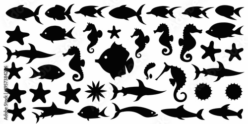 Black silhouettes of various marine life including fish seahorses and starfish