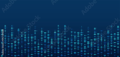 Abstract digital cityscape made of glowing blue data bars on dark background, futuristic technology concept for big data, network, and information visualization with copy space.