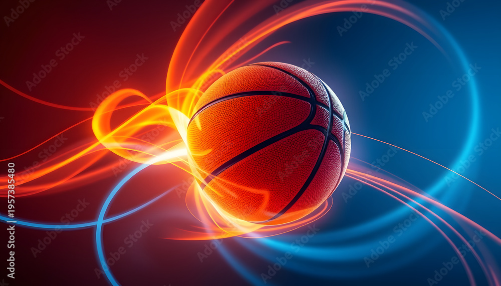 Obraz premium Dynamic basketball illuminated by fiery and icy swirling energy trails, showcasing intense movement and speed