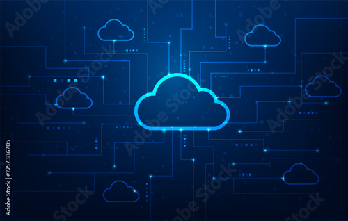 cloud computing digital database technology on blue background. cloud data storage online network connect. vector illustration fantastic technology.