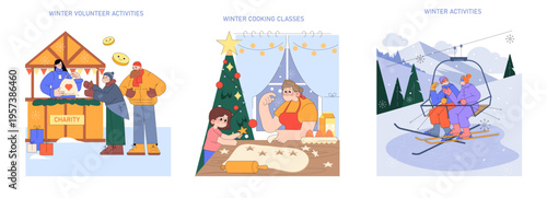 Winter Activities Vector Illustration with Diverse Scenes