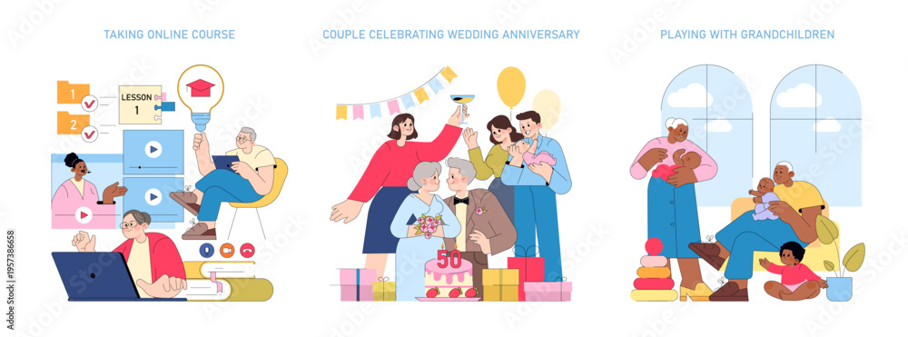 Fototapeta premium Seniors Taking Online Courses Vector Illustration