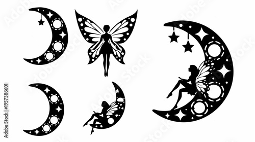 A whimsical vector graphic illustration of fairies and crescent moons with stars in a minimalist design style