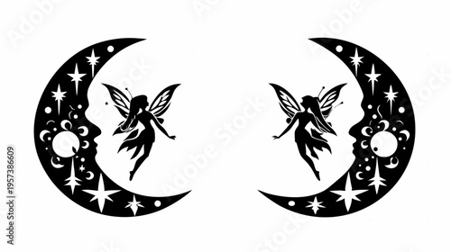 A minimalist vector graphic illustration of two fairies sitting on crescent moons with stars and flowers