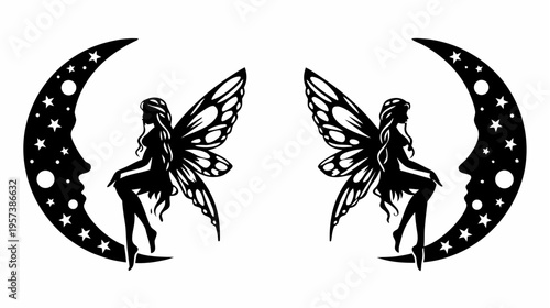 A whimsical vector graphic illustration of two fairies sitting on crescent moons with stars