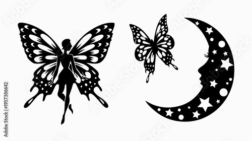 A whimsical vector graphic of a fairy butterfly and a crescent moon with stars