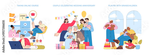 Seniors Taking Online Courses Vector Illustration