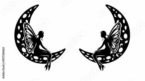 A minimalist vector graphic illustration of two fairies sitting on crescent moons with a white background