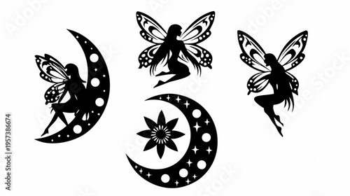 A minimalist vector graphic illustration of three fairies sitting on crescent moons with stars