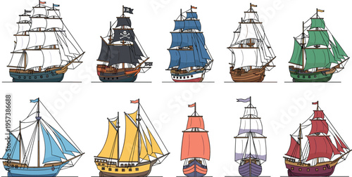 Colorful Antique Sailing Ship Vector Collection Featuring Pirate Galleons, Tall Ships, and Vintage Vessels for Maritime History, Ocean Discovery, and Naval Adventure