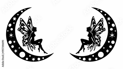 A whimsical vector graphic of two fairies sitting on crescent moons with stars
