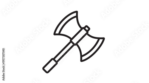 Double-bladed axe icon with a black outline and a white background, representing a medieval weapon. featuring line art, silhouette, cleaver with