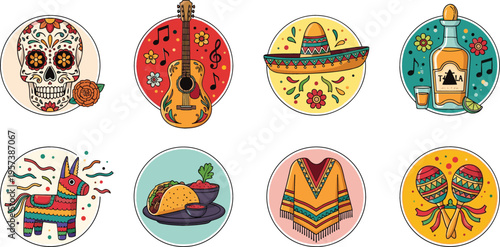 Mexican Cultural Emblem Set with Guitar, Sombrero, Taco, and Traditional Poncho for Fiesta Event Branding, Restaurant Menus, and Travel Sticker Designs