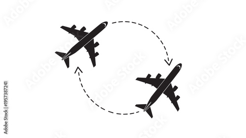 Airplanes in black silhouette flying in a circular route with dashed lines indicating movement featuring airplane, aircraft, flight with travel and