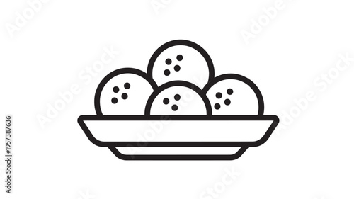Balls with dots on a plate icon with clean outline design for food and dessert applications featuring sweet, round, snack with pastry and dish