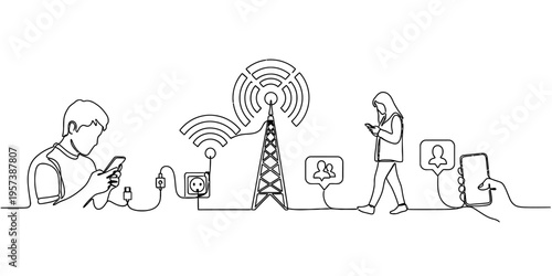 Continuous line drawing of people connecting via transmitter