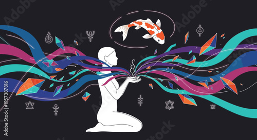Person Manifesting Koi Fish and Abstract Energy Waves