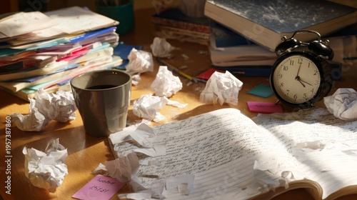 A cluttered wooden desk shows an open notebook, coffee, crumpled paper, an alarm clock, and stacks of papers