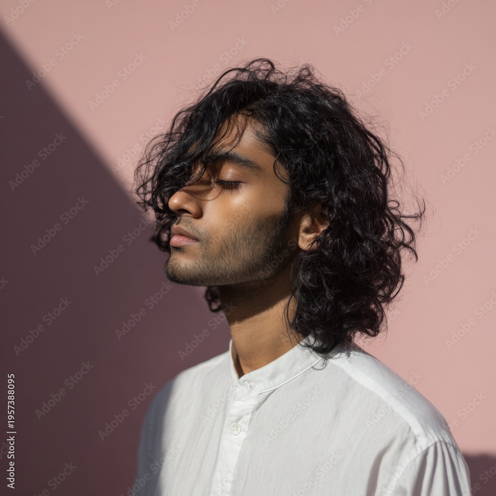 Obraz premium Male asian young adult with longer curly hair eyes closed meditative pose against pink backdrop