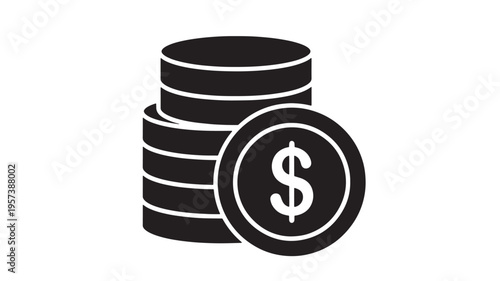 Coins icon with a dollar sign, representing financial wealth, savings, and cash transactions. featuring money, currency, finance with payment and
