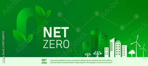 Net zero carbon concept with eco friendly city vector and clean energy icon. Modern sustainability system for reducing emissions and creating a green urban future.