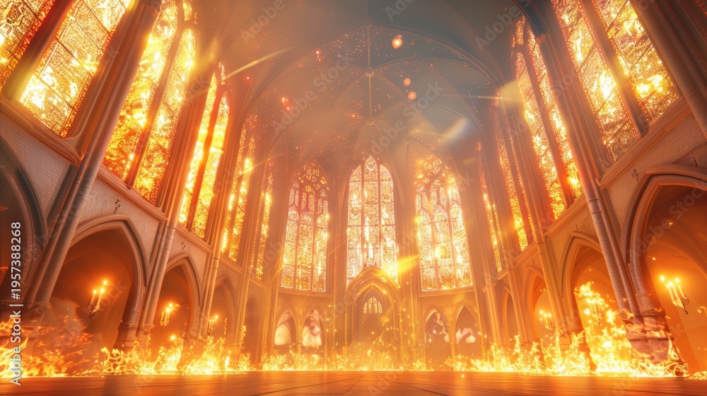 Obraz premium A church with a fire burning inside. The fire is orange and yellow. The church is empty