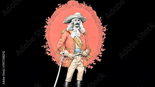 Vintage Whimsical Skeleton Illustration: Iconic Cavalry Pirate in Cartoon Style with Sword and Boots