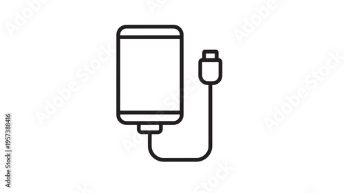 Power bank device icon with attached USB cable, signifying portable energy storage and charging technology for mobile electronics.
