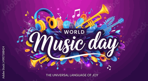 World Music Day celebration with musical instruments and headphones on purple background
