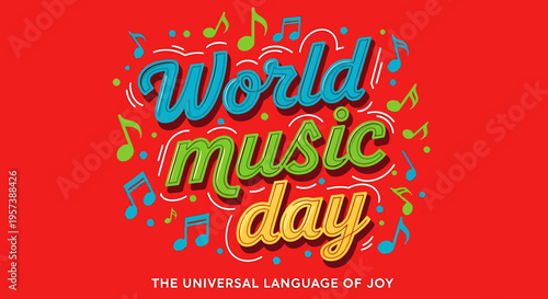 World Music Day celebration with musical notes on red background