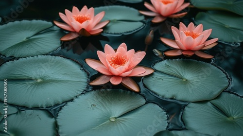 Lily pads and pink flowers in tranquil water