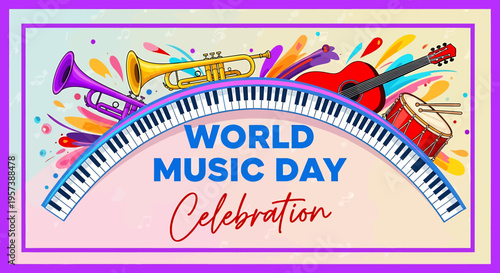 World Music Day Celebration with Musical Instruments and Piano Keys in Colorful Background