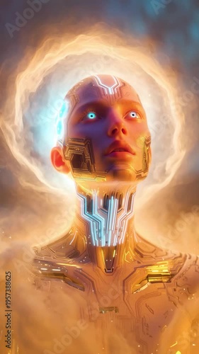 generated animation. Mystical cyber Ascension