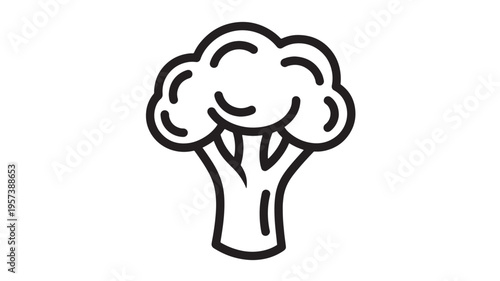 Broccoli icon with bold black outlines on a white background, representing healthy food and cooking ingredients.