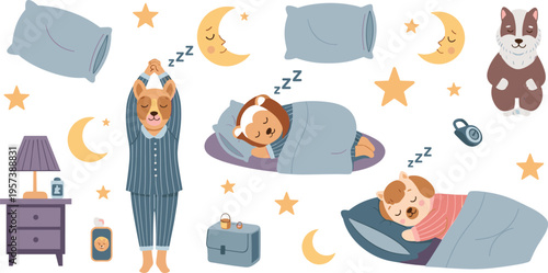 Cute Dogs Sleeping Routine Set with Bedtime, Pajamas, Night Elements and Cozy Sleep Scenes Cartoon Pet Vector Illustration